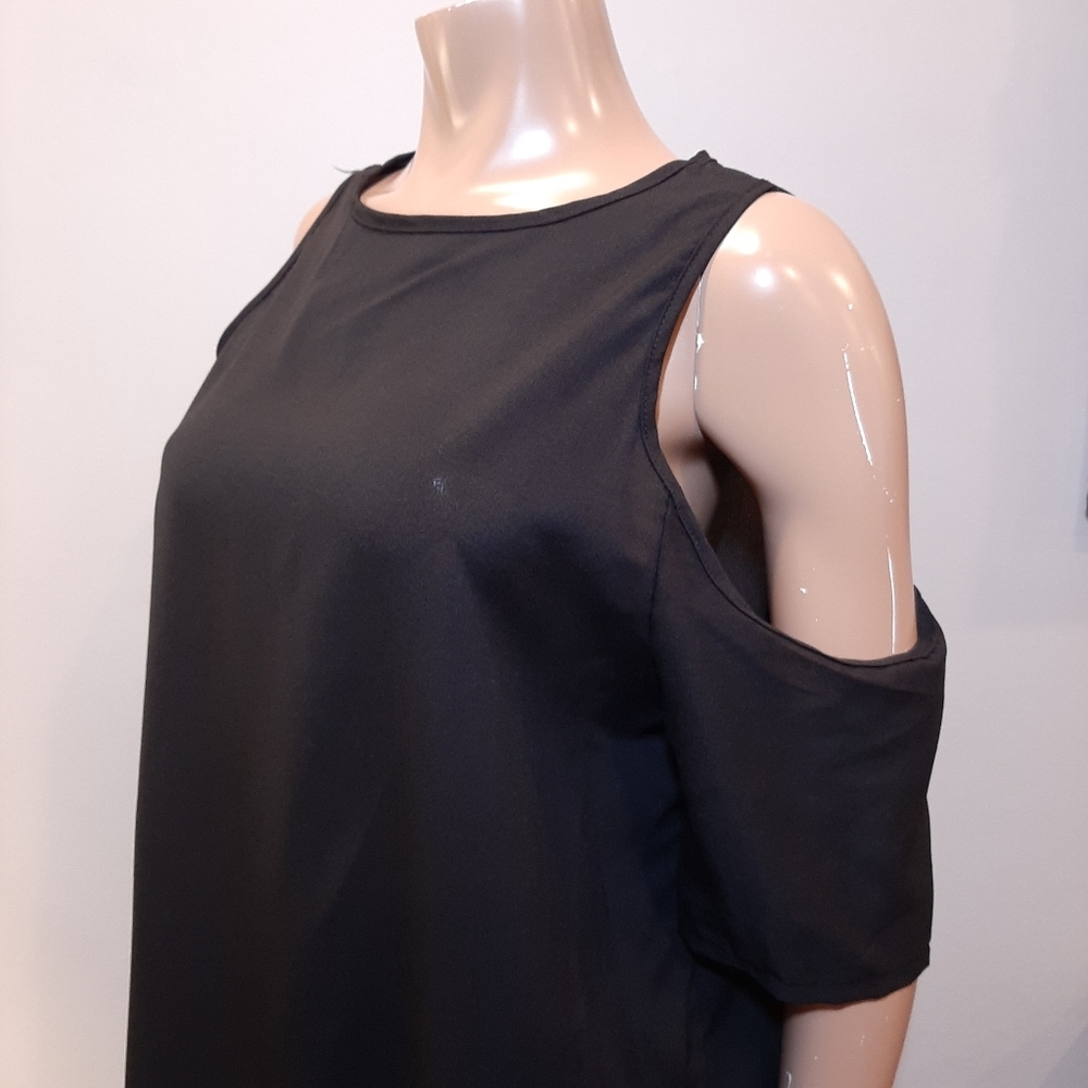 Cold Shoulder Tunic Top Mini Dress Short Sleeve Solid Black Semi Sheer - Picture 4 of 10